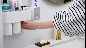 VITVITI Toothbrush Holders for Bathrooms, Toothbrush Holder and Toothpaste Dispenser Wall Mounted, Automatic Plastic Tooth Brushing Holder with 3 Cups, White