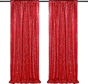 QueenDream Red Sequin Backdrop 2 Panels 2FTx8FT Christmas Party Backdrop Curtains Glitter Photo Background Wedding Stage Decorations