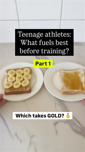 Ali Miles | Sports Dietitian | Fuel School®️ on Instagram: "Which wins?🥇 White bread + honey 🍯 OR wholegrain bread + PB + banana 🍌 Most sports parents would assume the ‘healthier’ choice is wholegrain with banana… but fuelling before training isn’t that black and white. ✅ Both can be great options. It depends on your athlete’s: * Taste preferences (what they’ll actually eat and enjoy) * Timing (how long they have before training) * Gut comfort (too much fibre, fat or protein can leave them fe
