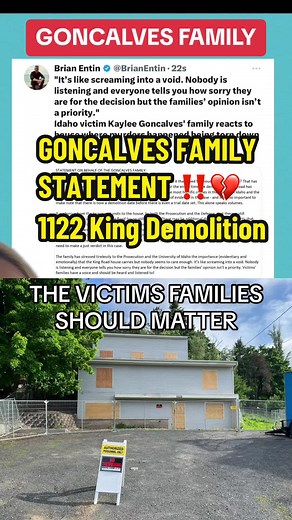 The Goncalves Family give a statement to Brian Entin about how the University of Idaho and State of Idaho have set a demolition date before a trial date 💔‼️👏 #idaho4 #bryankohberger #universityofidaho #goncalvesfamily #kayleegoncalves #idahome #1122kingroad #londonsnotebook #greenscreen