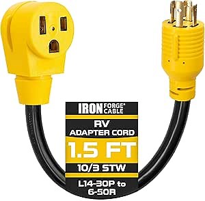 Iron Forge Cable RV Cord, Generator and RV Electrical Adapter Power Cord, L14-30P Male Plug to 6-50R Female, 1.5ft Plug Adapter - 10/3 STW Yellow