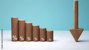 Wooden blocks with percentage sign and arrow Down Financial, interest rate concept, decreasing rate, deflation - 4K Video