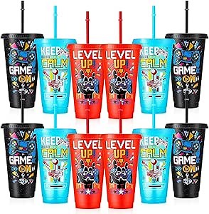 12 Pcs Gamer Party Cups with Lids and Straws Video Game Tumbler 24 oz Plastic Drinking Cups for Gaming Party Favors