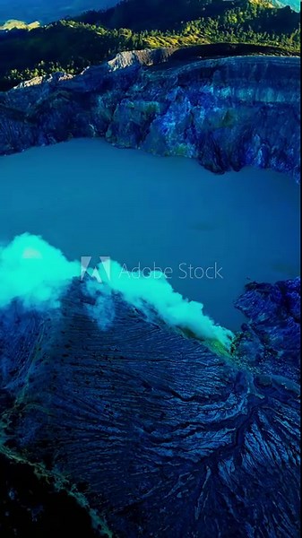 East Java’s Ijen Crater shines in this vertical video, with its cobalt volcanic lake, smoking vents, and jagged cliffs forming one of Indonesia’s most iconic natural wonders.