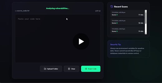 CodeGuard AI – Web-Based Security Vulnerability Scanner CodeGuard AI is a frontend-based security vulnerability scanner developed using HTML, CSS, and vanilla JavaScript. The application is designed… | Salomi L