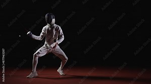 Fencing Sport, Male Fencer Training Alone In Darkness In Sportive Center, Preparing To Competitions