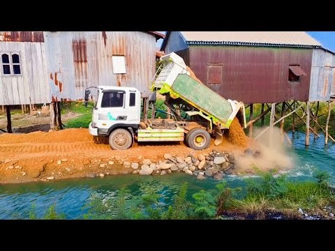 First Start​ Amazing Project! Trucks Landfill Delete Flooded Area By Skills Dozer D31P Pushing Soil.