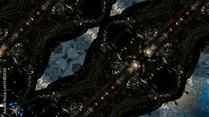 the moving image repeats the patterns of the kaleidoscope. body and head elements in a black leather suit and in drops of white liquid on a light background