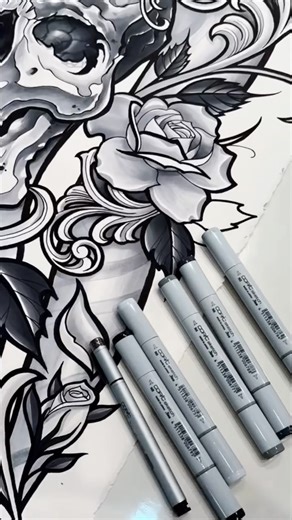 Steve Rowes | Tattoo Artist Fontana on Instagram: "A female bodysuit design featuring a skull, roses, and flowing filigree. 100% Hand-drawn with Copic markers from start to finish. I created this piece for my studio to frame and display. It took me about 40 hours to complete. 34” x 24” in size. Hope you like it 🖤 #tattoo #tattooart #drawing #copicmarkers #steverowes"