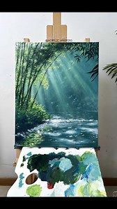 "Sanctuary of Light" 🌿 When acrylic paint becomes pure tranquility—Yien creates this breathtaking forest sanctuary that seems to glow with divine light filtering through bamboo and tropical foliage. Look at those incredible luminous rays that transform this peaceful stream into something almost sacred, with every reflection dancing on the water's surface. This is landscape painting elevated to spiritual experience. The artist's mastery of acrylic creates such convincing atmospheric depth—from t