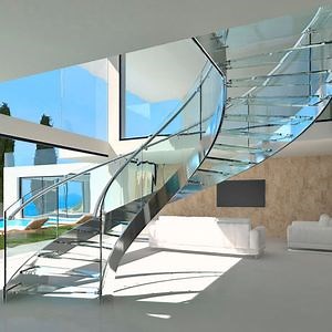 [Hot Item] Stainless Steel Glass Step Curved Stairs with Ultra Clear Glass Railing