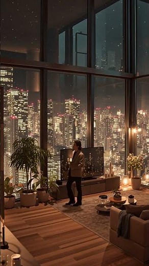 Ultra-realistic wide-angle shot of a stunning, luxurious Tokyo high-rise apartment at night, pano...