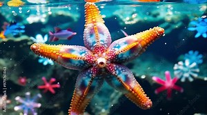 A colorful starfish submerged in water, surrounded by other star-like marine shapes in a vibrant underwater environment.