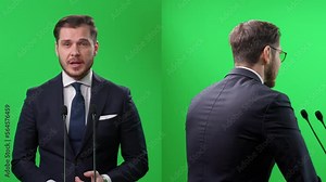 Split green screen, an elegant man standing on a green background, the lecturer speaks to the audience and gives a lecture using microphones, chroma key template.