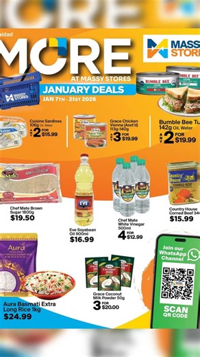 Massy Stores TT brings unbeatable January deals from Jan 7th–21st, 2026! Enjoy savings on pantry staples like sardines, tuna, rice, and coconut milk, plus mix & match offers on beans, pasta, and snacks. Stock up on ice cream, yogurt, bakery treats, and household essentials including Neutrogena sun care, Dove, and cleaning products. Offers available at all Trinidad locations. For even more savings, join the Massy Stores WhatsApp channel via the link in bio or scan the QR code in-store. Don’t miss