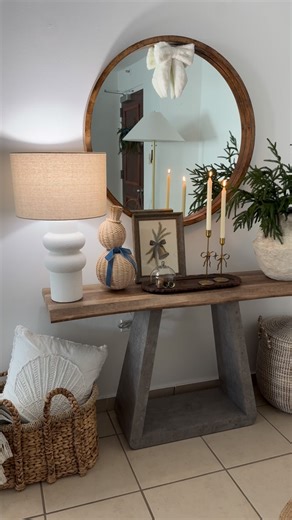 ⭐ Liza | Cozy Modern Home Decor + DIYs on Instagram: "Coastal Christmas console styling idea. Follow @the_mojica_abode for more styling ideas🫶🏽 Coastal Christmas Console Styling Puerto Rico Navidad Boricua Blue Neutrals Cozy Simple Airy Ideas Holidays"