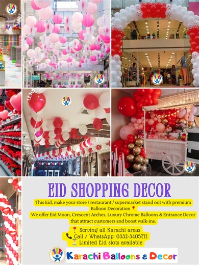 🎉✨ “Eid Decor for Super Markets and Shops Karachi” ✨🎉 #TiktokKarachi #Karachirestaurants #coffeeshops Make this Eid visually unforgettable for your customers with premium Balloon Decoration for Super Markets, Shopping Malls, Restaurants & Stores by Karachi Balloons and Decor 🎈 From Eid crescents & moon arches to luxury chrome balloon entrances, we help your business stand out, attract footfall, and boost festive sales. 🎯 Ideal for: ✔ Super Markets & Mini Stores ✔ Shopping Malls & Plazas ✔ Re