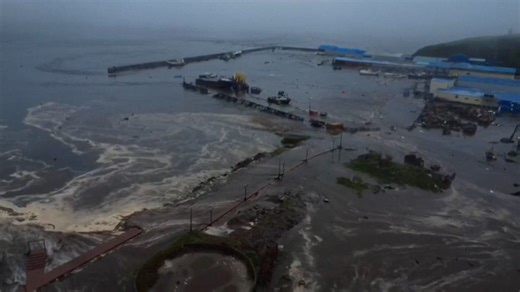 Drone footage shows aftermath of tsunami waves in Russia after earthquake
