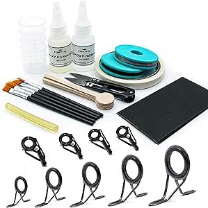 Fishing Rod Repair Kit, Fishing Pole Tip Guides Replacement kit with Double Foot for Saltwater，Epoxy Adhesive，Glue,Wrapping Thread and Tape