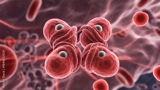 Microscopic view of cells and red blood cells in motion and interaction with microscopic structures