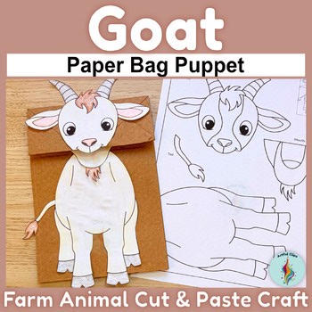 Goat Paper Bag Puppet Pattern Template, Farm Animal Coloring Page Craft for Kids