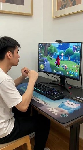 PC Table. Man play games.