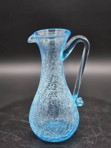 Vintage Aqua Crackle Glass Pitcher – Hand Blown Blue Art Glass Creamer – Mid Century Decor - Etsy