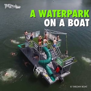 766K views · 1.7K reactions | The Tarzan Boat is a mobile floating water park that includes a water-slide, trampolines and a rope swing! | TMS Media | Facebook