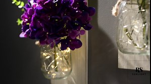 Mason Jar Wall Sconce with String LED Lights (Set of 2) - Farmhouse Chic Wall Decor- Rustic, Shabby Chic Style Purple Hydrangea Flower-Two Remote Controls