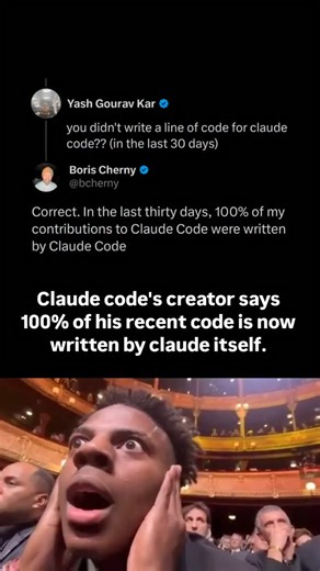 AI Center Of Excellence on Instagram: "🚨 A surprising shift in software development. The creator of Claude Code says 100% of his code contributions in the last 30 days were written by Claude itself 🤖😄. His job didn’t disappear — it evolved 🔄 From writing code ➝ setting goals, reviewing output, and deciding what ships 🚢. The real bottleneck now isn’t typing ⌨️ It’s judgment, system understanding, and direction 🧠. This is the future of engineering. 🔗 More AI insights → https://www.aice.educ