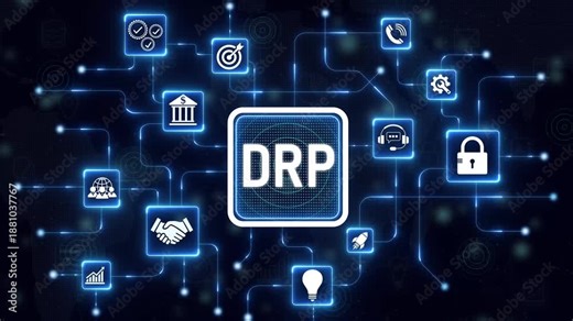 DRP Disaster Recovery Plan network diagram with icons and with gears background business continuity. 4k motion Technology and network concept.