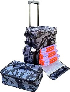 Fishing Backpack with Wheels and Cooler - Large Fishing Tackle Bag and Fishing Gear with 3 Fishing Tackle Boxes, 4 Fishing Rod Holders, Detachable Handles and Strap - Fishing Gift in Tactical Design