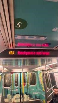 R142 (2) 🔴 train, via (1) 🔴, car 7073 and R160 (R) 🟡 train, car 9154.