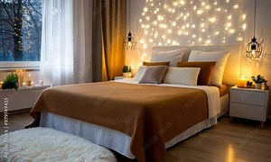 Experience a tranquil bedroom setup featuring warm tones, soft textures, and ambient lighting, perfect for an autumn retreat with nature-inspired decor