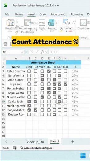 Attendance Tracker in Excel (Checkbox + COUNTIF Formula)