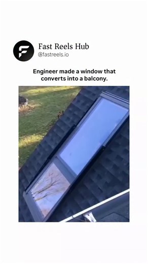 Filmy Only on Instagram: "The video demonstrates an innovative convertible skylight window installed on a sloped shingle roof of a residential home, transforming seamlessly into a small balcony. Filmed from an exterior aerial perspective overlooking a grassy yard with bare trees and a patio area, the sequence begins with the rectangular glass window closed, reflecting the blue sky and surroundings. A woman with long blonde hair, wearing a blue sweater and dark pants, appears from inside the atti