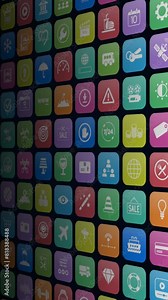 App 3d - Monitor with apps icons set - Set of applications symbols on mobile device screen - 3d animation