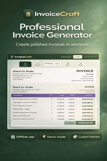 Invoicecraft Invoice Generator | Offline HTML Tool | Demo Mode | Custom Themes | PDF Export | No Subscription - Etsy