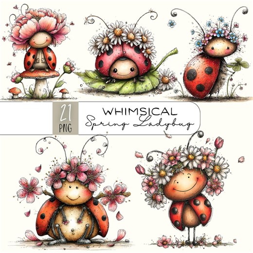 Whimsical Ladybug Clipart Bundle, Quirky Spring Floral PNG, Garden Bug, Projects, Crafts, Scrapbooking Graphics - Etsy