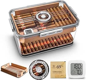 CIGARLOONG Cigar Humidor Large Accommodate 100 Cigars,Built-in Cedar Wood Shelf and Humidity Pack with High Precision Hygrometer Transparent Cigar Storage Box