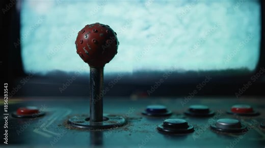 Vintage arcade game control panel featuring joystick and buttons with screen static.
