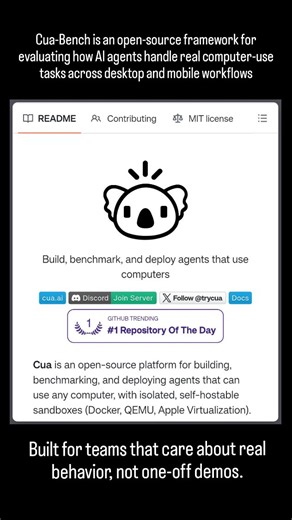 Github Projects on Instagram: "Measure what your agents actually do. Cua-Bench is an open-source framework for evaluating how AI agents handle real computer-use tasks across desktop and mobile workflows. Built for teams that care about real behavior, not one-off demos. Cua-Bench is part of Cua, an open-source stack for building and testing agents that interact with real UIs using keyboard, mouse, and touch. If you’re working on computer-use agents, this is worth a closer look. GitHub: https://gi