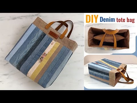 Diy small tote bag with zipper pocket tutorial from upcycled denim jeans and fabric,DIY tote bag.