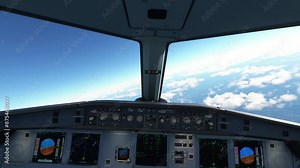 Cockpit view empty flight deck of airbus flying over the sky