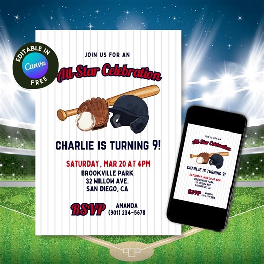 Editable Baseball Birthday Invitation: Stripes All-Star Celebration Digital Invite Template, Sports Boy E-vite