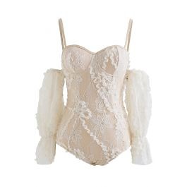 Floral Lace Sleeves Lace-Up Back Swimsuit