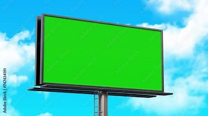 Green screen billboard with blue sky and moving clouds in the background. Billboard with white, black and green screen for chroma key use. 4k 3d animation Stock Video