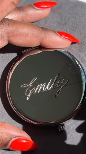 Alishia | St. Louis Calligrapher & Engraver on Instagram: "Need a gift that’s pretty, practical, and personalized? These hand engraved compact mirrors are designed to be both useful and meaningful. Something tells me I’ll be engraving quite a few of these for 2026 brides and bridal parties! ☺️ To inquire or place an order, use the link in my bio. 🪩🤍✨"