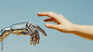 A robotic hand and a human hand reaching towards each other against a blue sky, symbolizing the future of technology and humanity.