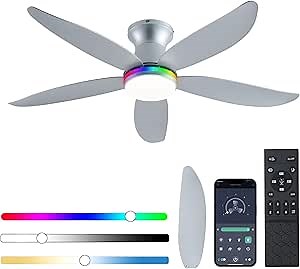 JSAITEE Ceiling Fan with Light, 48" RGB Low Profile Ceiling Fans with Lights and Remote Control, Dimmable, DC Reversible Motor, Noiseless, 6 Speeds Flush Mount Sliver Ceiling Fan for Bedroom - Amazon.com